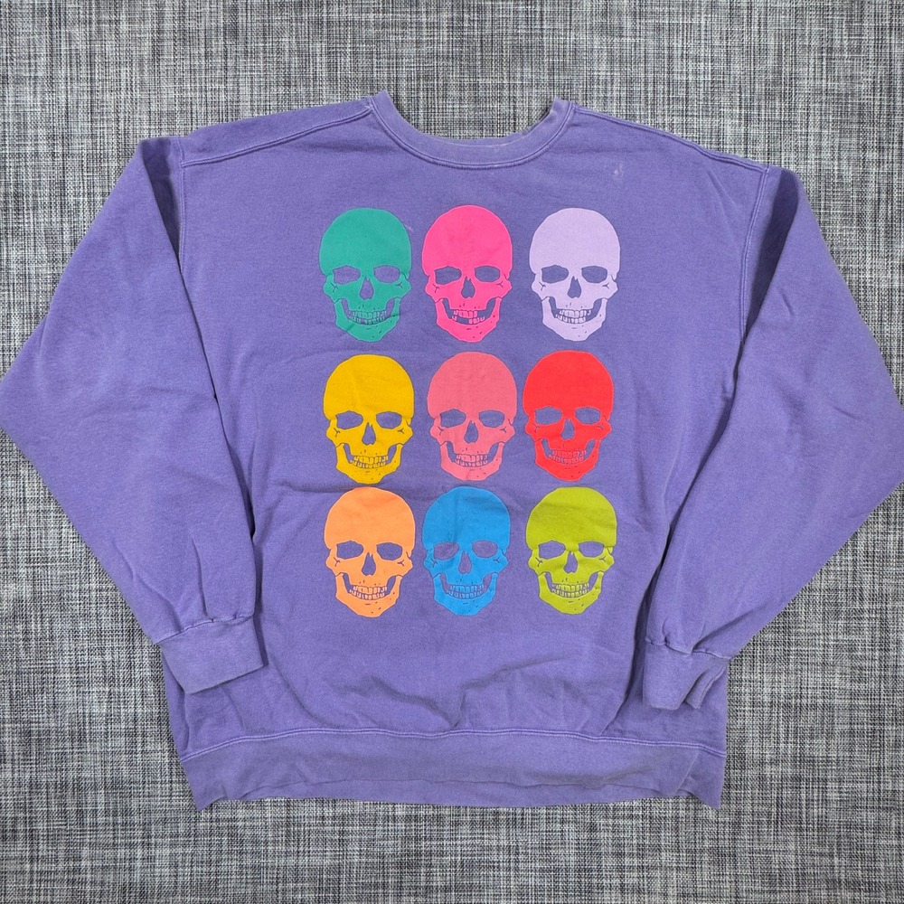Skull House Womens Crewneck Sweatshirt Purple Colorful Skull Graphic Print L/XL